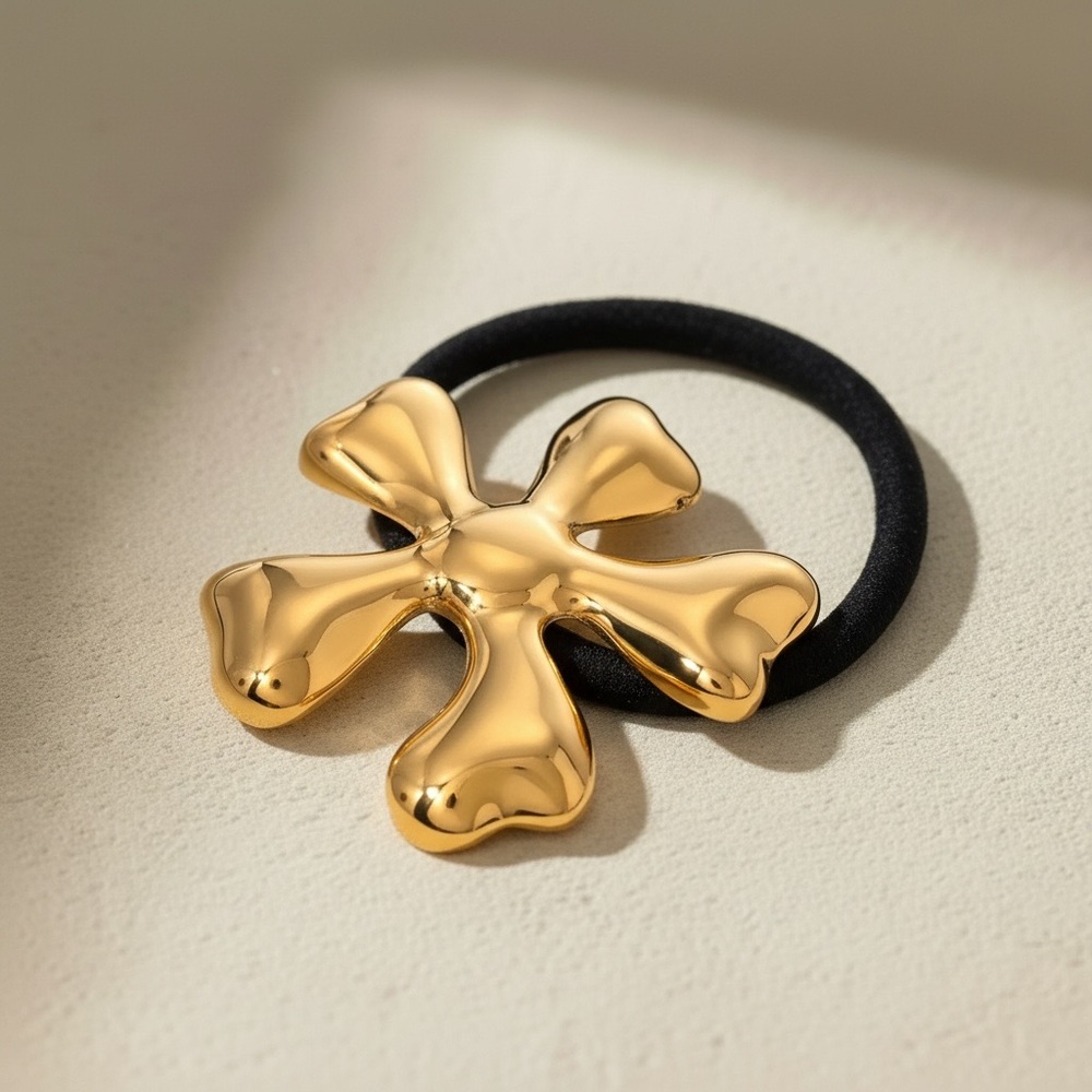 18K Gold Plated Stainless Steel Sculptural Flower Ponytail Cuff Hair Tie